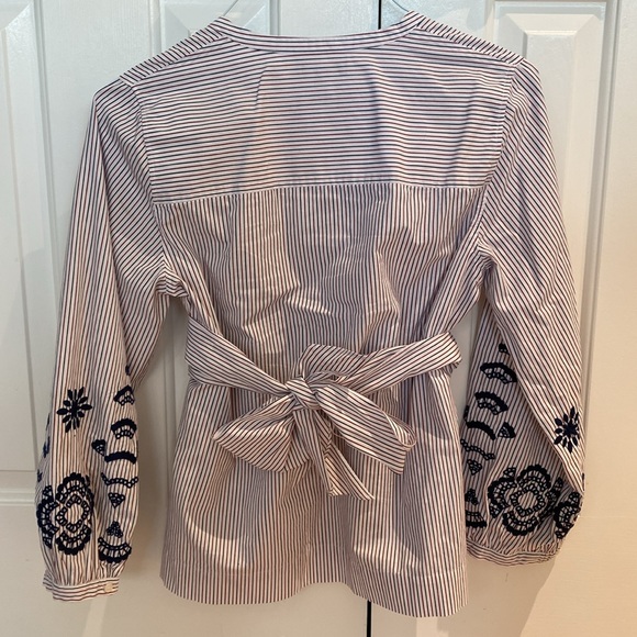 J CREW Women’s blue red white striped blouse Small w attached wide waist bow! - Picture 5 of 6